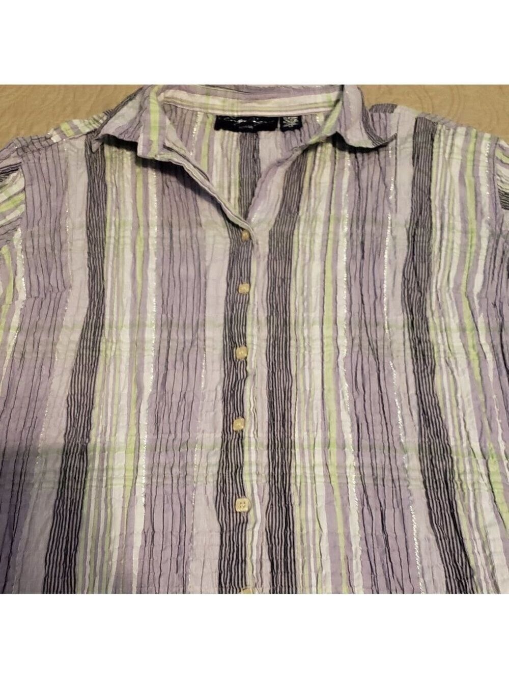 Angelina Smocked Striped Stretch button blouse.